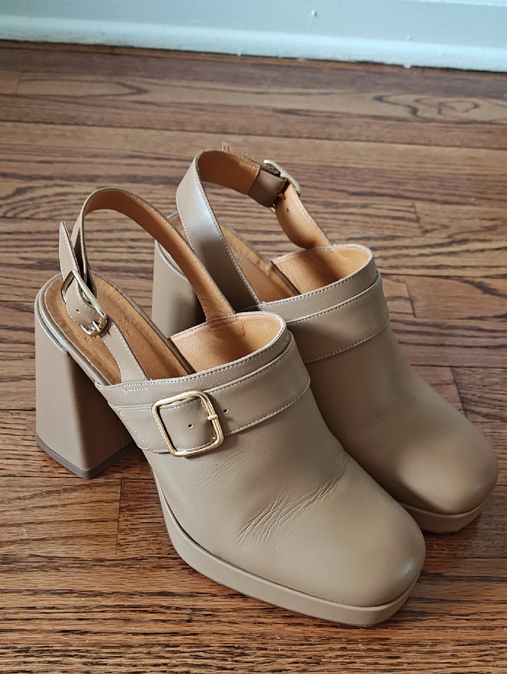 Sezane Taupe Leather Slingback Platform Heeled Clogs
